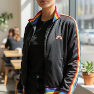 Rainbow Trim Black Bomber Jacket